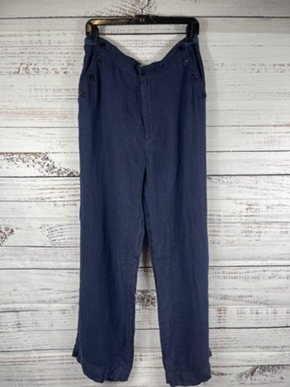 Sundance Pants Women's 14 Blue Linen Herringbone Straight Leg Casual Travel